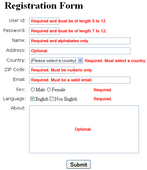 Form validation with regex